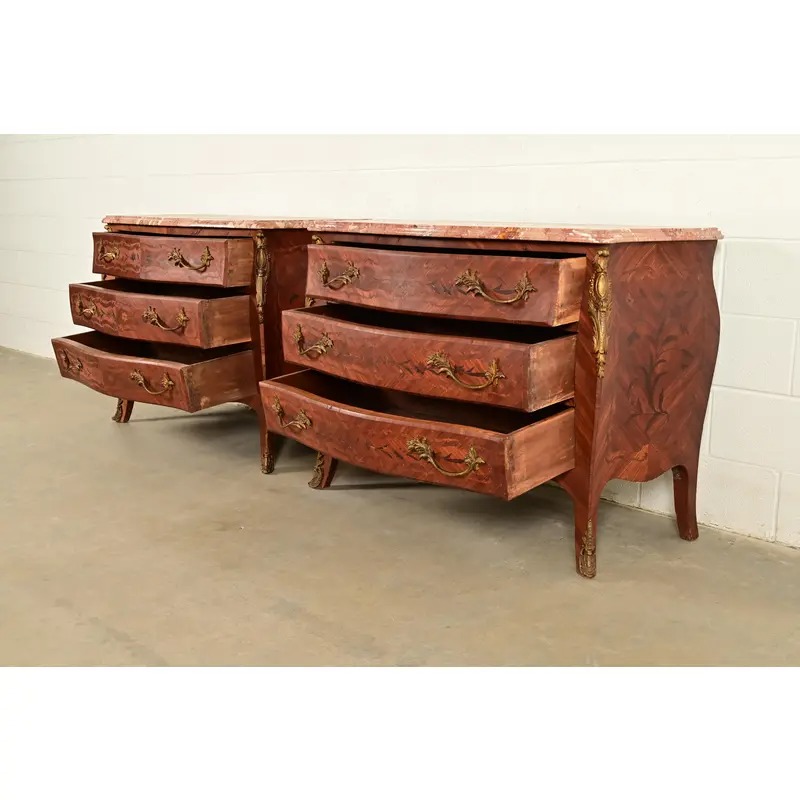 Paul Sormani Style Antique French Provincial Louis XV Kingwood Inlaid Marquetry Marble Top Commodes With Mounted Ormolu | Pair - Image 7