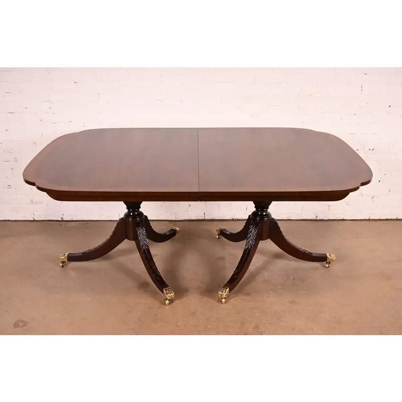 Stickley Georgian Banded Flame Mahogany Double Pedestal Extension Dining Table | Newly Refinished - Image 7