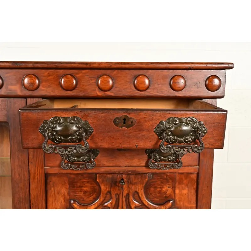 Antique Victorian Carved Oak Smoker's Display Cabinet With Drop Front Desk, Circa 1900 - Image 8