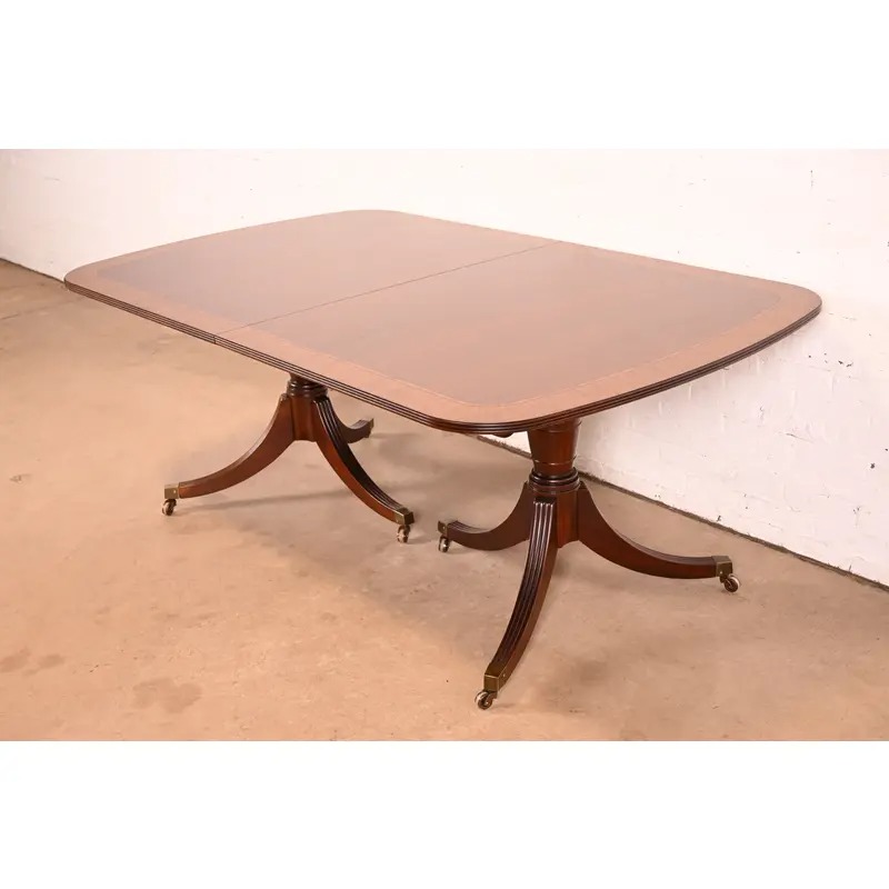 Baker Furniture Georgian Banded Mahogany Double Pedestal Extension Dining Table | Newly Refinished - Image 8