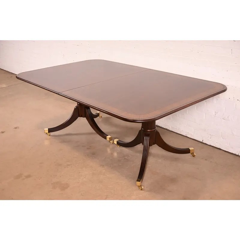 Baker Furniture Stately Homes Georgian Banded Mahogany Double Pedestal Extension Dining Table | Newly Refinished - Image 8