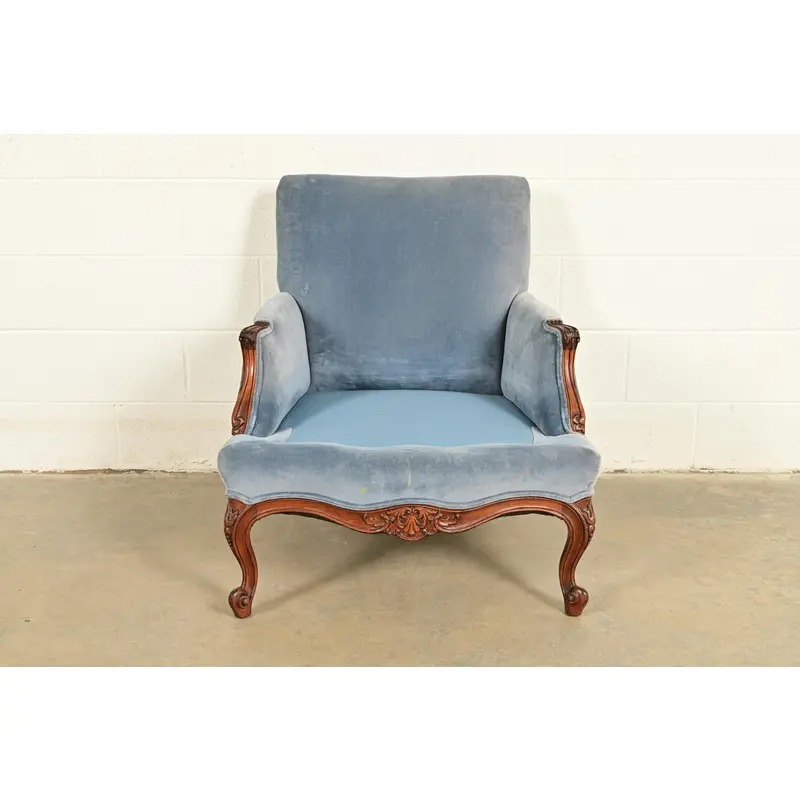 Baker Furniture Style French Provincial Louis XV Carved Walnut Velvet Upholstered Lounge Chair and Ottoman | Circa 1960s - Image 8