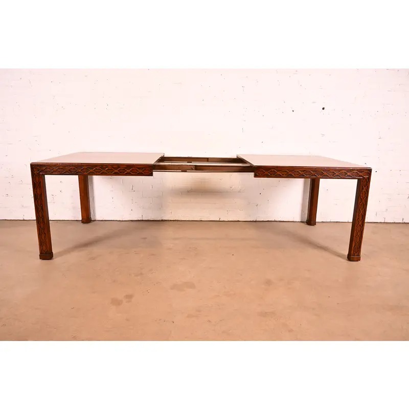 Henredon Mid-Century Modern Hollywood Regency Oak and Burl Wood Extension Dining Table, Newly Refinished - Image 8