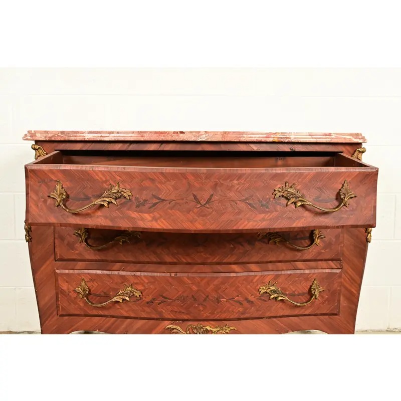 Paul Sormani Style Antique French Provincial Louis XV Kingwood Inlaid Marquetry Marble Top Commode With Mounted Ormolu | Circa 1920s - Image 8