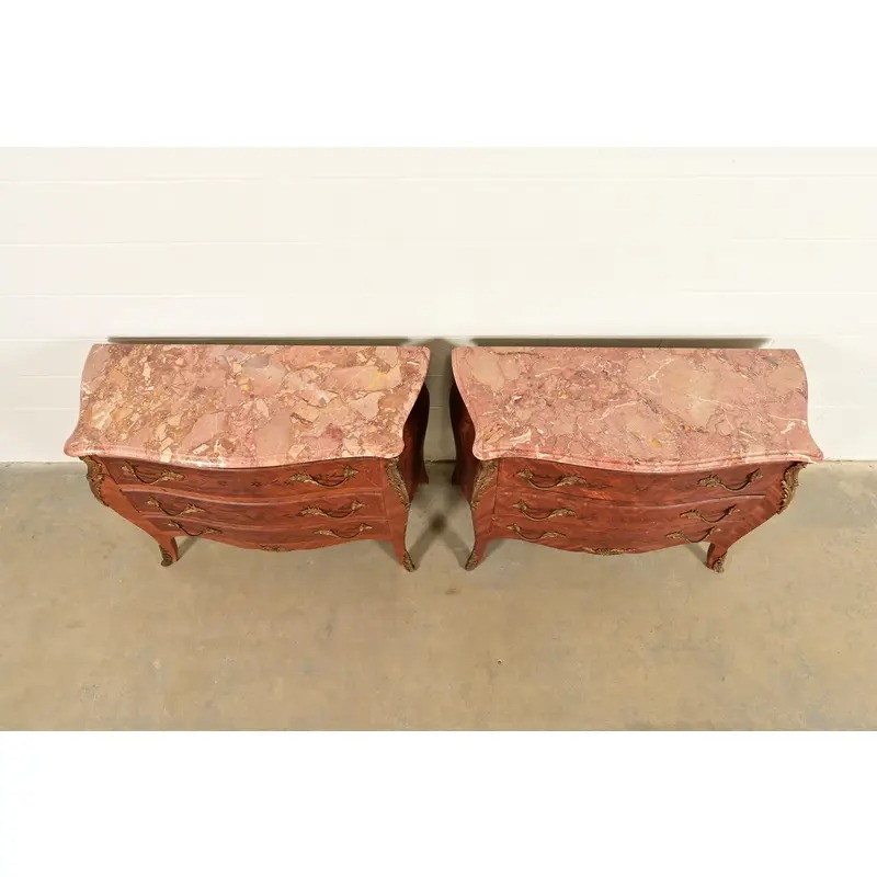Paul Sormani Style Antique French Provincial Louis XV Kingwood Inlaid Marquetry Marble Top Commodes With Mounted Ormolu | Pair - Image 8