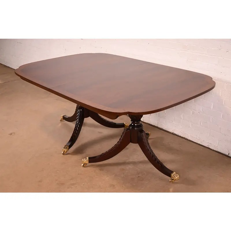 Stickley Georgian Banded Flame Mahogany Double Pedestal Extension Dining Table | Newly Refinished - Image 8