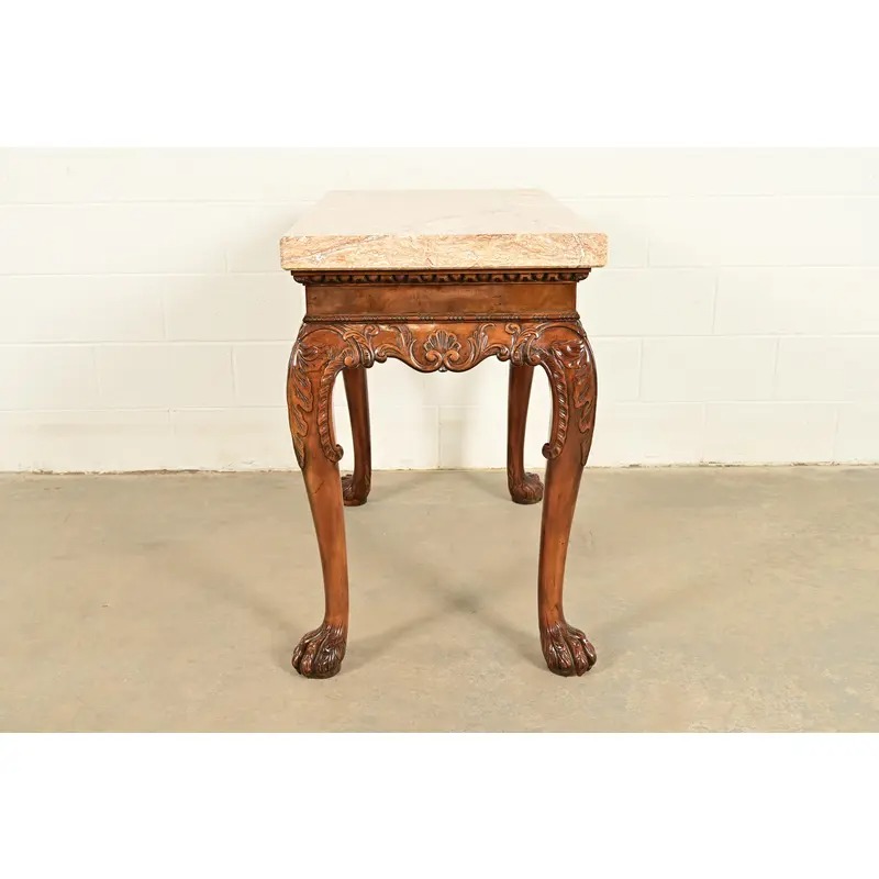 Baker Furniture Chippendale Carved Walnut Marble Top Console Table With Paw Feet - Image 9