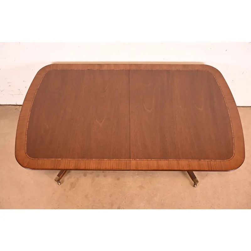 Baker Furniture Georgian Banded Mahogany Double Pedestal Extension Dining Table | Newly Refinished - Image 9