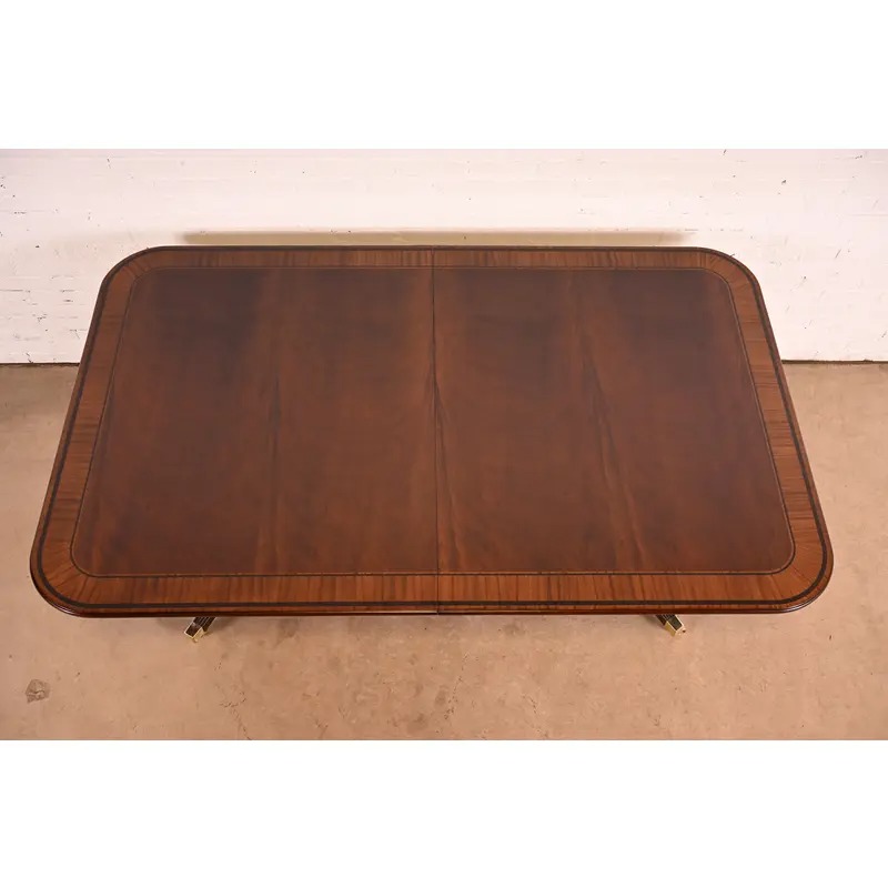 Baker Furniture Stately Homes Georgian Banded Mahogany Double Pedestal Extension Dining Table | Newly Refinished - Image 9