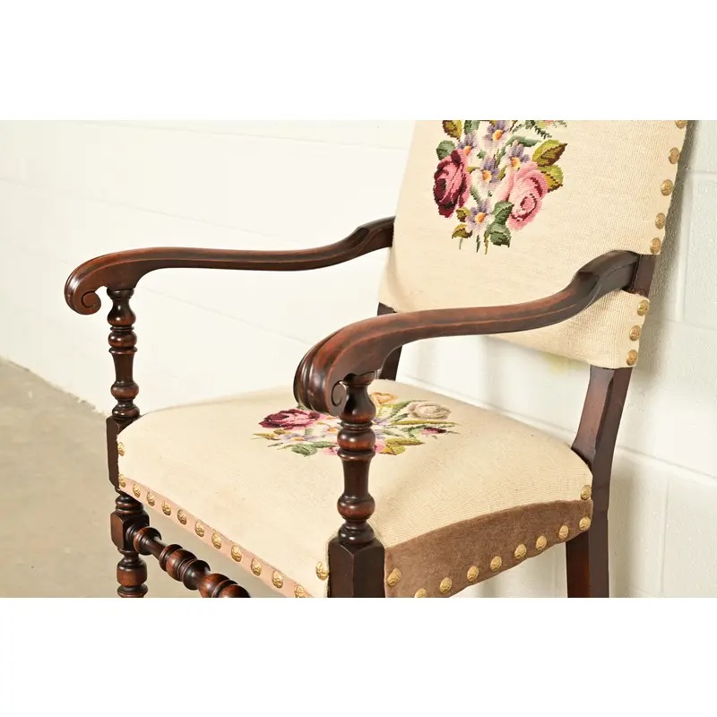 Berkey & Gay Style Antique English Jacobean Carved Walnut Library Chair, Circa 1900 - Image 9