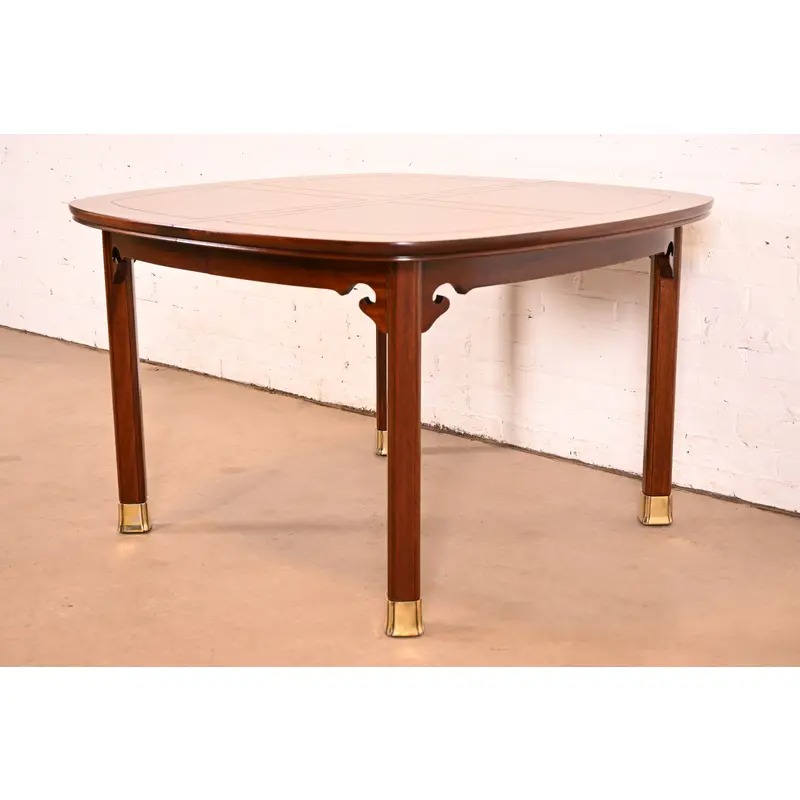 Henredon Mid-Century Modern Hollywood Regency Chinoiserie Walnut and Burl Wood Extension Dining Table | Newly Refinished - Image 9