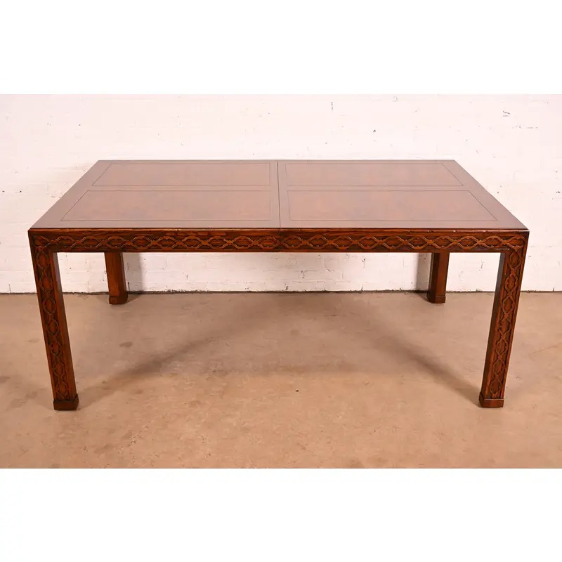 Henredon Mid-Century Modern Hollywood Regency Oak and Burl Wood Extension Dining Table, Newly Refinished - Image 9