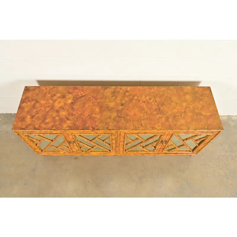 Henredon Style Mid-Century Hollywood Regency Faux Bamboo Mirrored Front Sideboard Credenza, Circa 1970s - Image 9