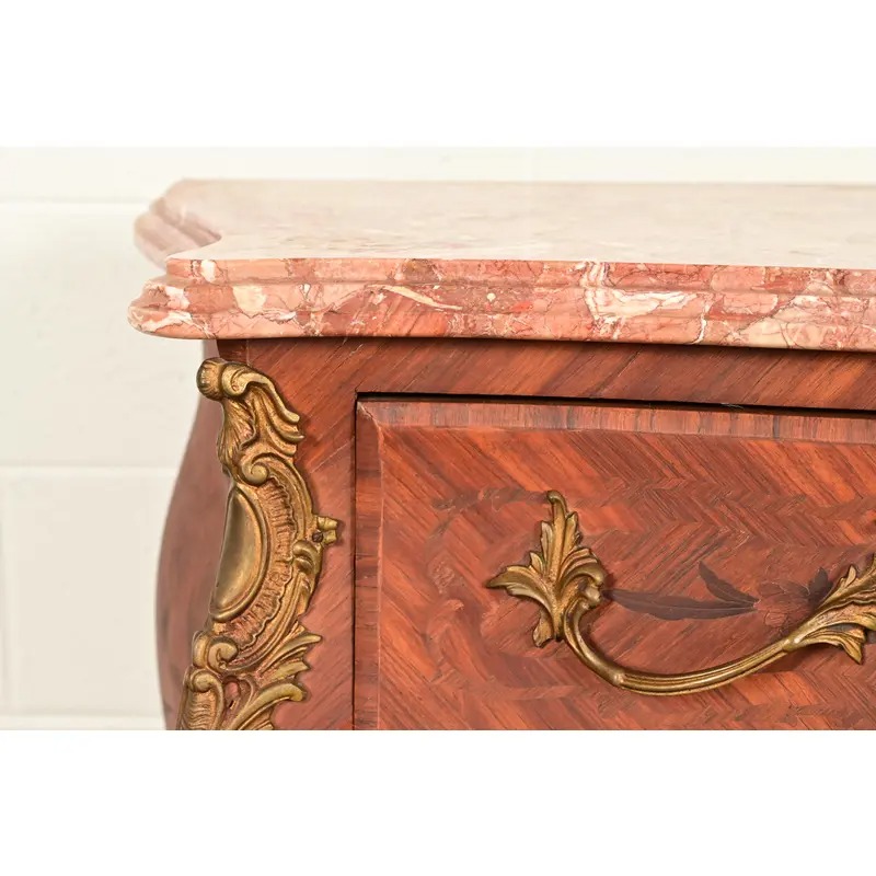 Paul Sormani Style Antique French Provincial Louis XV Kingwood Inlaid Marquetry Marble Top Commode With Mounted Ormolu | Circa 1920s - Image 9