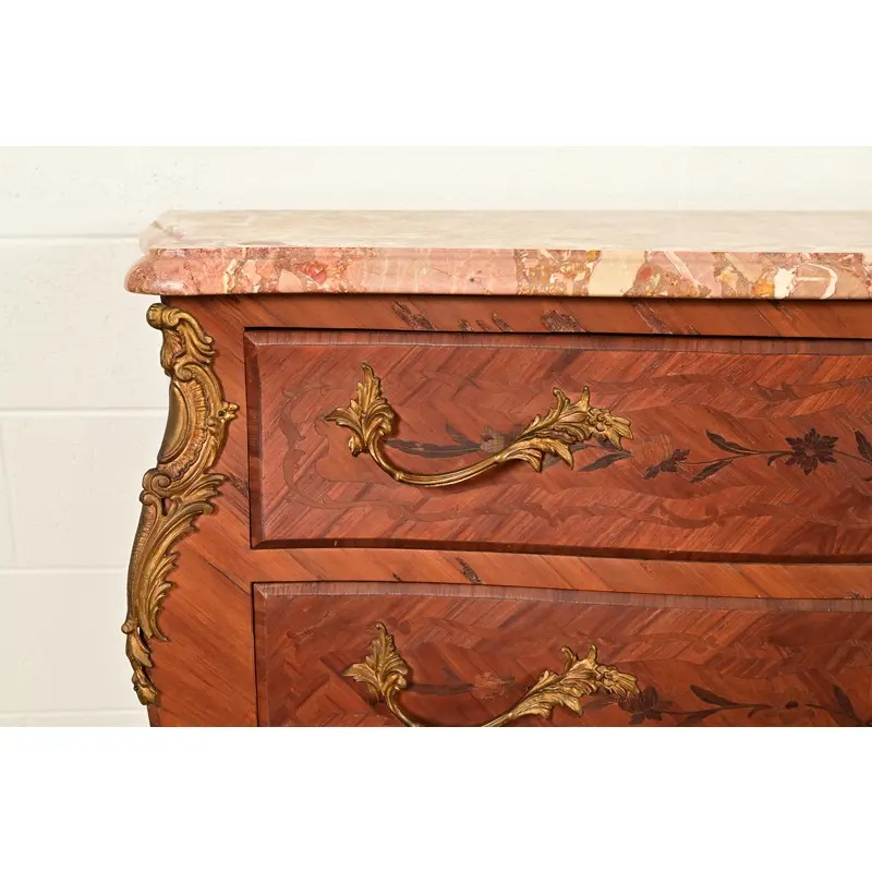 Paul Sormani Style Antique French Provincial Louis XV Kingwood Inlaid Marquetry Marble Top Commodes With Mounted Ormolu | Pair - Image 9