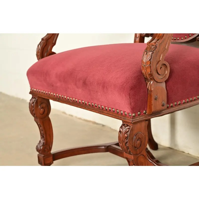 R. J. Horner Style Antique Renaissance Revival Carved Walnut Armchairs | Pair - Image 9