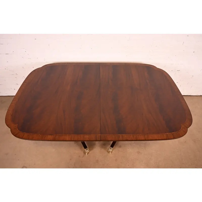 Stickley Georgian Banded Flame Mahogany Double Pedestal Extension Dining Table | Newly Refinished - Image 9