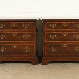 Baker Furniture Style Georgian Banded Flame Mahogany and Burlwood Three-Drawer Bedside Chests, Pair