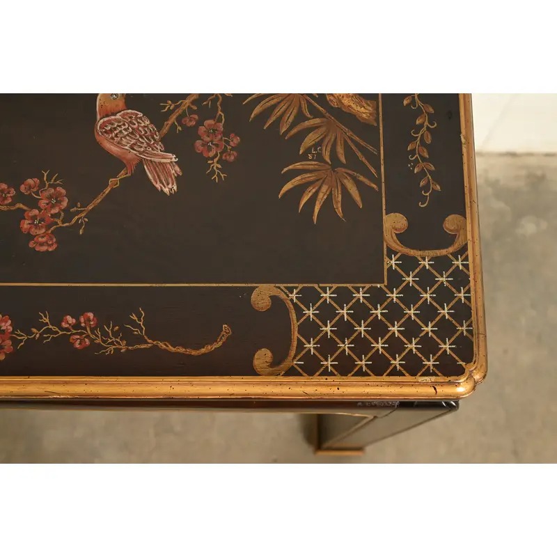 Henredon Hollywood Regency Chinoiserie Mahogany Hand-Painted Console Table With Bird Motif | Circa 1980s - Image 10