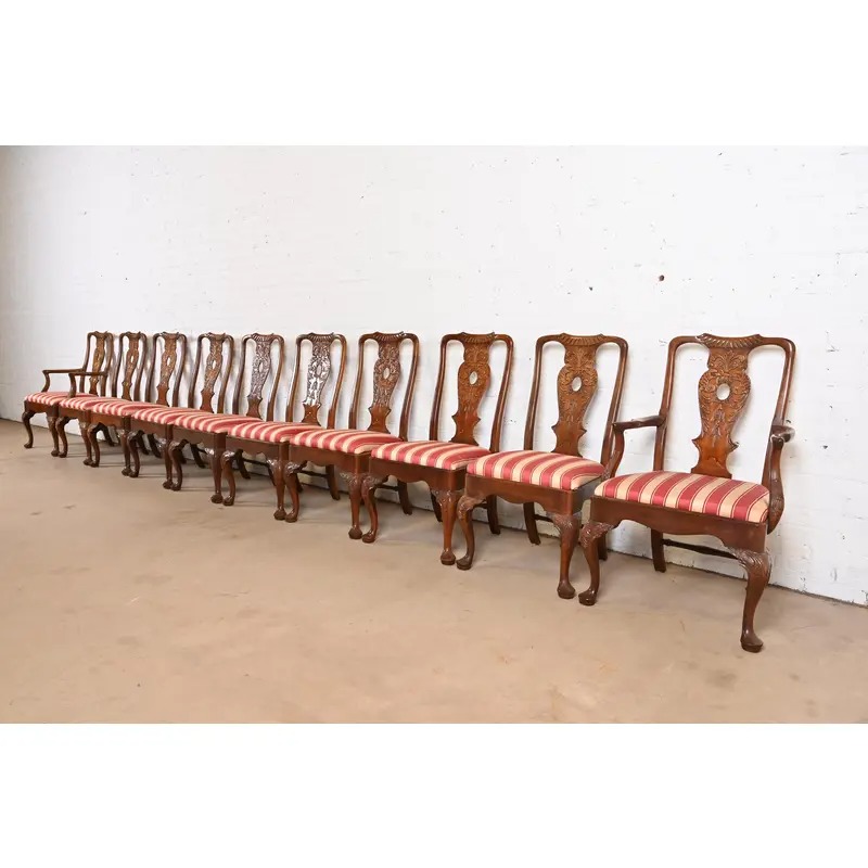Henredon Chippendale Carved Mahogany Dining Chairs, Set of Ten