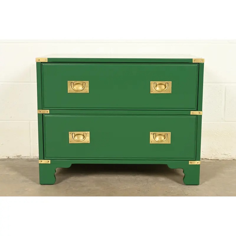 Drexel Heritage Mid-Century Hollywood Regency Campaign Green Lacquered Nightstand | Circa 1970s