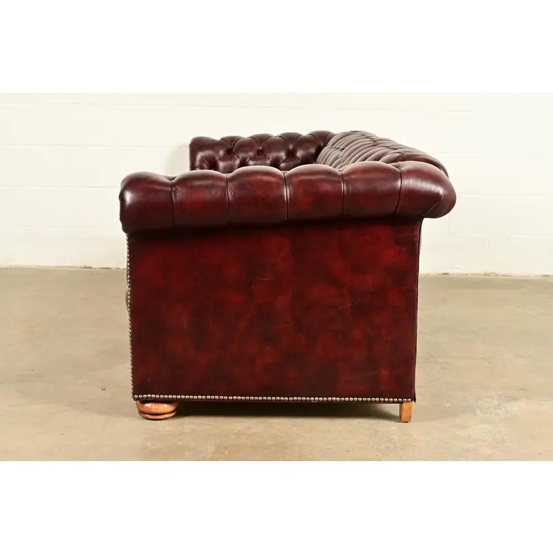 Hancock & Moore Style English Oxblood Tufted Leather Chesterfield Sofa | Circa 1980s - Image 12