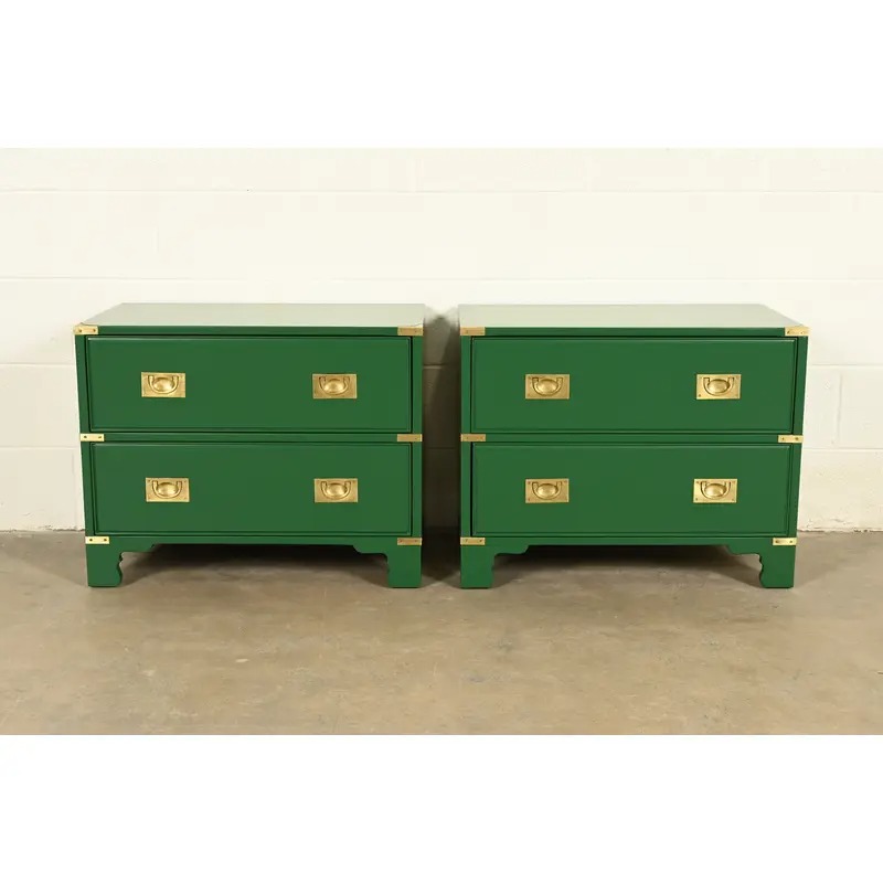 Drexel Heritage Mid-Century Hollywood Regency Campaign Green Lacquered Nightstands | Pair