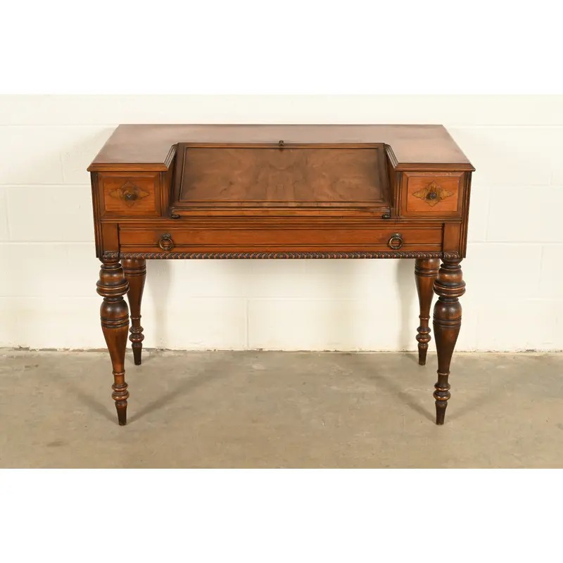 Grand Rapids Chair Co. Antique Victorian Carved Walnut Slant Front Writing Desk, Circa 1930s