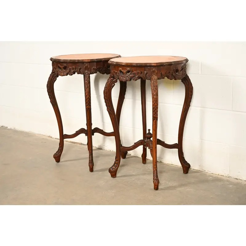 Romweber Style French Provincial Louis XV Carved Walnut and Satinwood Inlaid Marquetry Side Table, Circa 1930s - Image 13