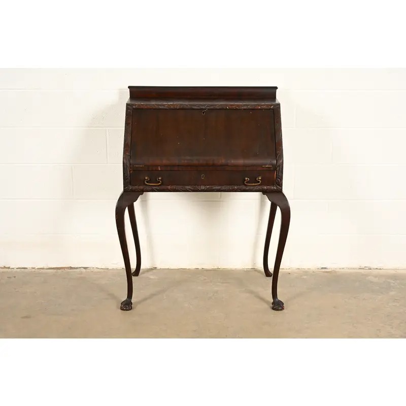 Berkey & Gay Style Antique Queen Anne Mahogany Slant Front Secretary Desk, Circa 1900