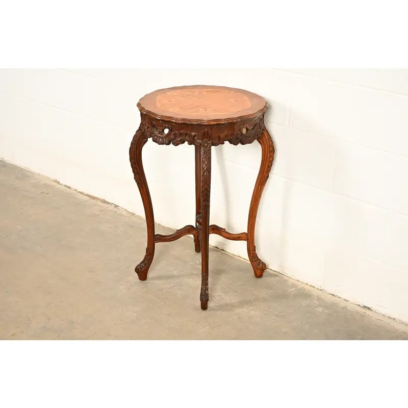 Romweber Style French Provincial Louis XV Carved Walnut and Satinwood Inlaid Marquetry Side Table, Circa 1930s