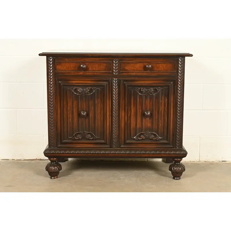 Berkey & Gay Antique English Jacobean Carved Walnut and Burl Wood Bar Cabinet or Server, Circa 1920s
