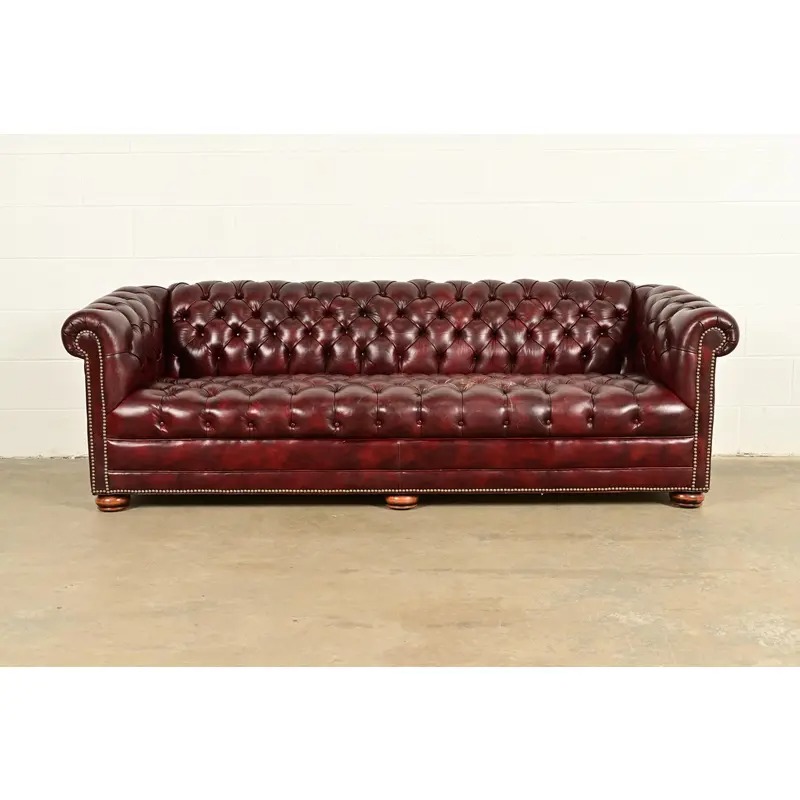 Hancock & Moore Style English Oxblood Tufted Leather Chesterfield Sofa | Circa 1980s