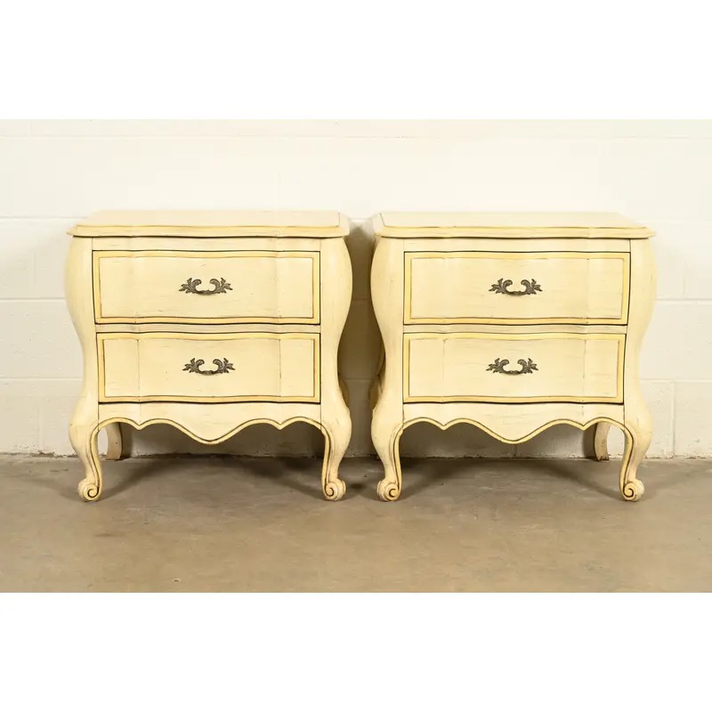 White Furniture French Provincial Louis XV Cream Lacquered Nightstands, Pair