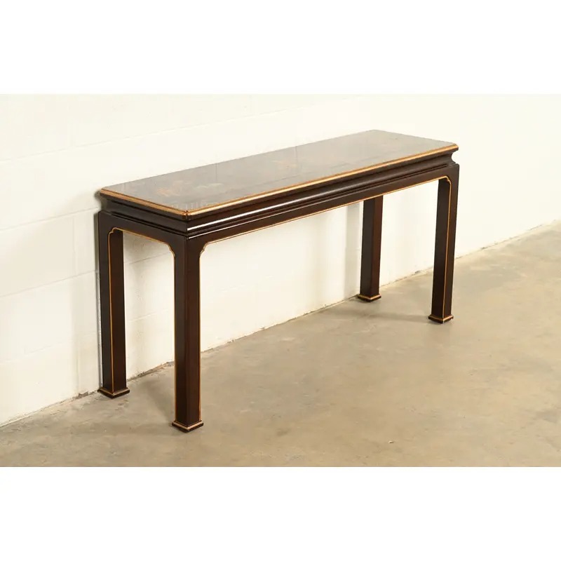 Henredon Hollywood Regency Chinoiserie Mahogany Hand-Painted Console Table With Bird Motif | Circa 1980s