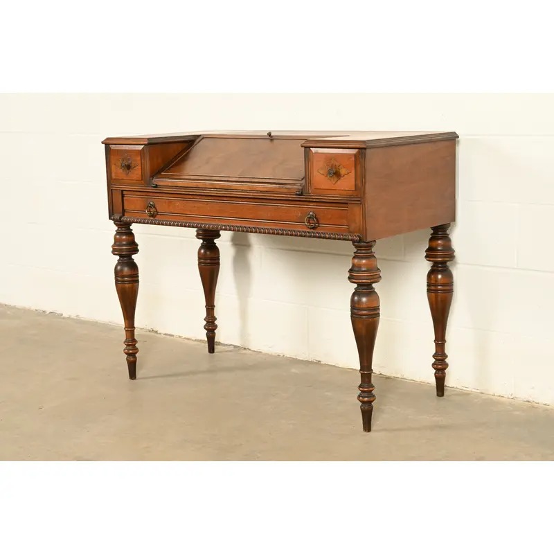 Grand Rapids Chair Co. Antique Victorian Carved Walnut Slant Front Writing Desk, Circa 1930s - Image 2
