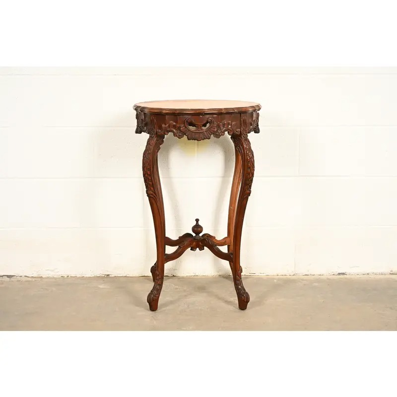 Romweber Style French Provincial Louis XV Carved Walnut and Satinwood Inlaid Marquetry Side Table, Circa 1930s - Image 2