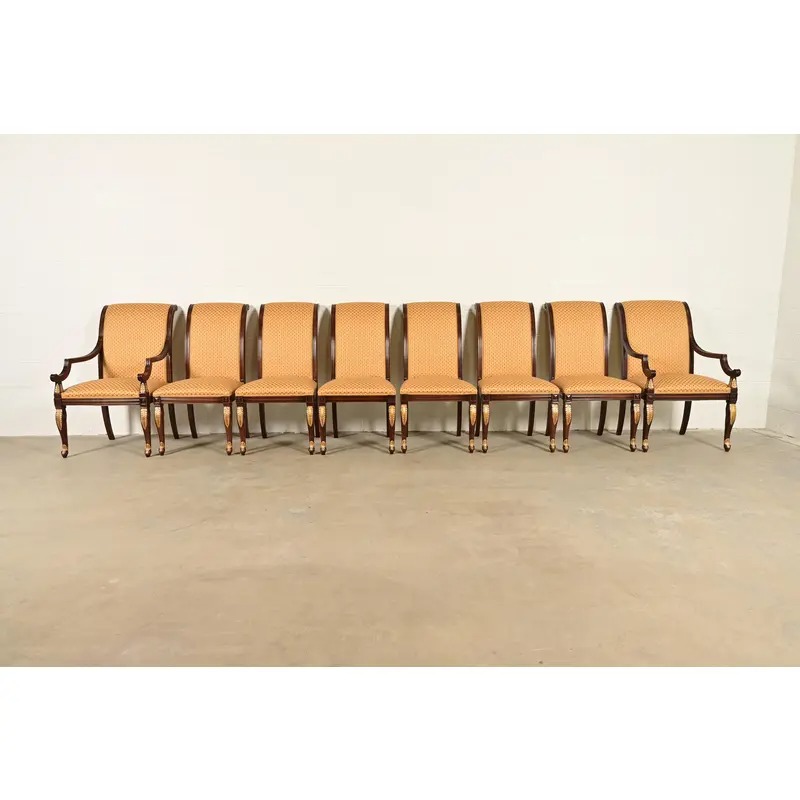Baker Furniture Style Regency Carved Mahogany and Gold Gilt Dining Chairs, Set of Eight - Image 3