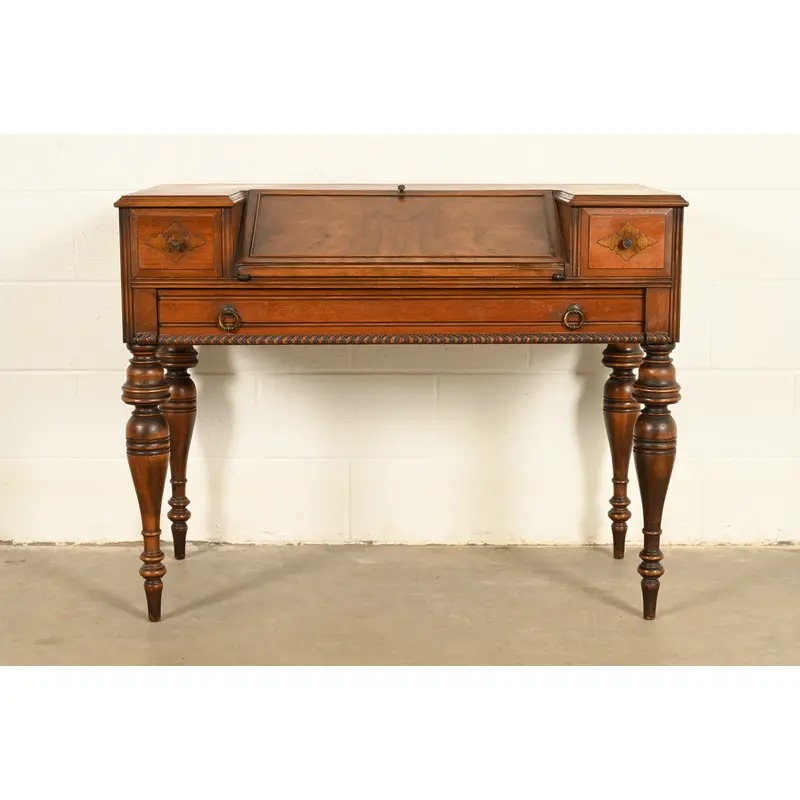 Grand Rapids Chair Co. Antique Victorian Carved Walnut Slant Front Writing Desk, Circa 1930s - Image 3