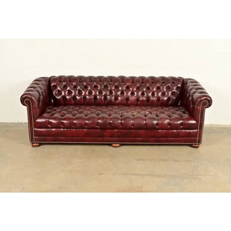 Hancock & Moore Style English Oxblood Tufted Leather Chesterfield Sofa | Circa 1980s - Image 3
