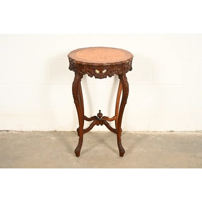 Romweber Style French Provincial Louis XV Carved Walnut and Satinwood Inlaid Marquetry Side Table, Circa 1930s - Image 3