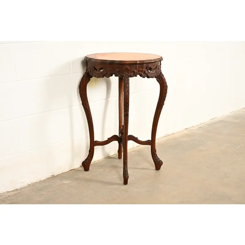 Romweber Style French Provincial Louis XV Carved Walnut and Satinwood Inlaid Marquetry Side Table, Circa 1930s - Image 4