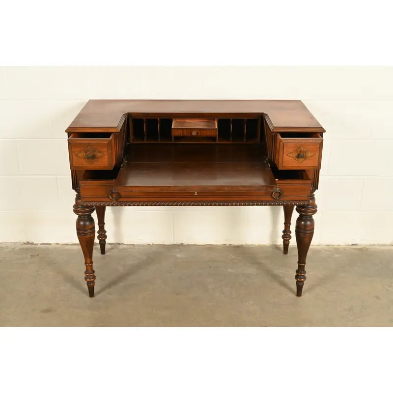 Grand Rapids Chair Co. Antique Victorian Carved Walnut Slant Front Writing Desk, Circa 1930s - Image 5