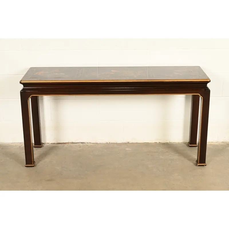 Henredon Hollywood Regency Chinoiserie Mahogany Hand-Painted Console Table With Bird Motif | Circa 1980s - Image 5