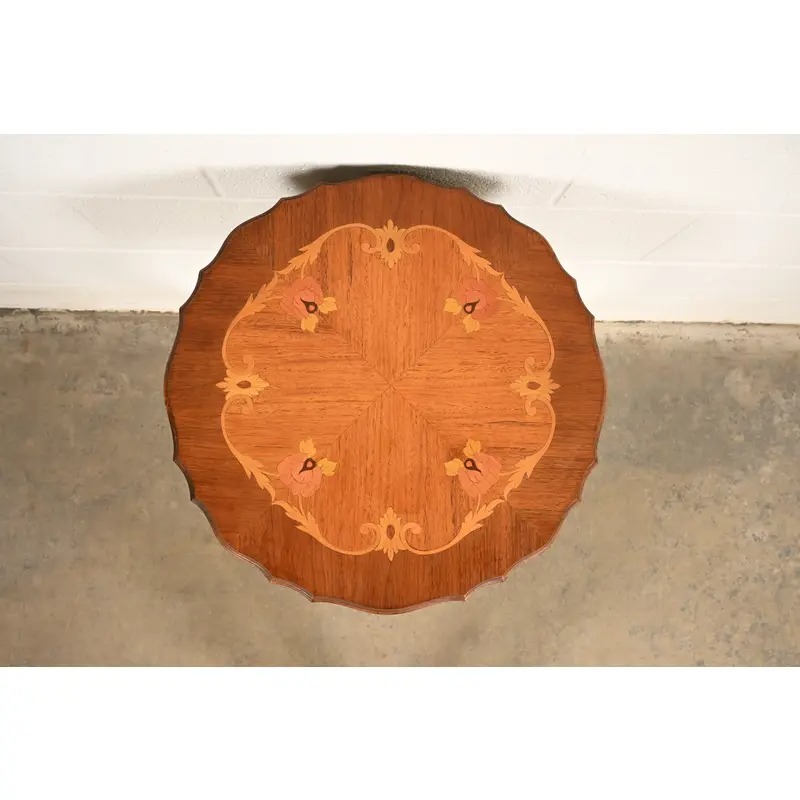 Romweber Style French Provincial Louis XV Carved Walnut and Satinwood Inlaid Marquetry Side Table, Circa 1930s - Image 5