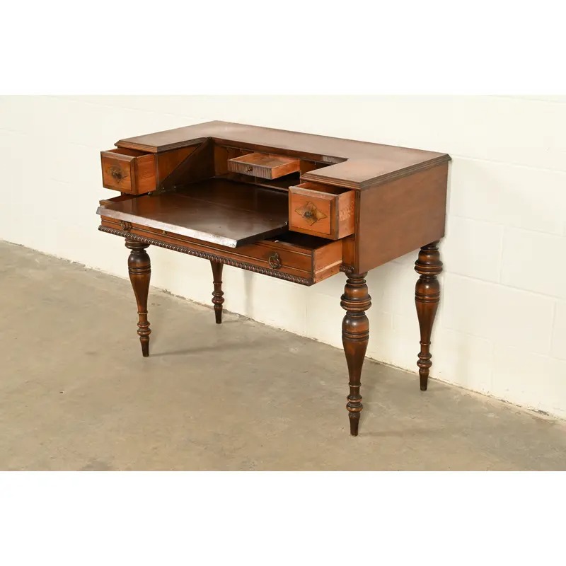Grand Rapids Chair Co. Antique Victorian Carved Walnut Slant Front Writing Desk, Circa 1930s - Image 6
