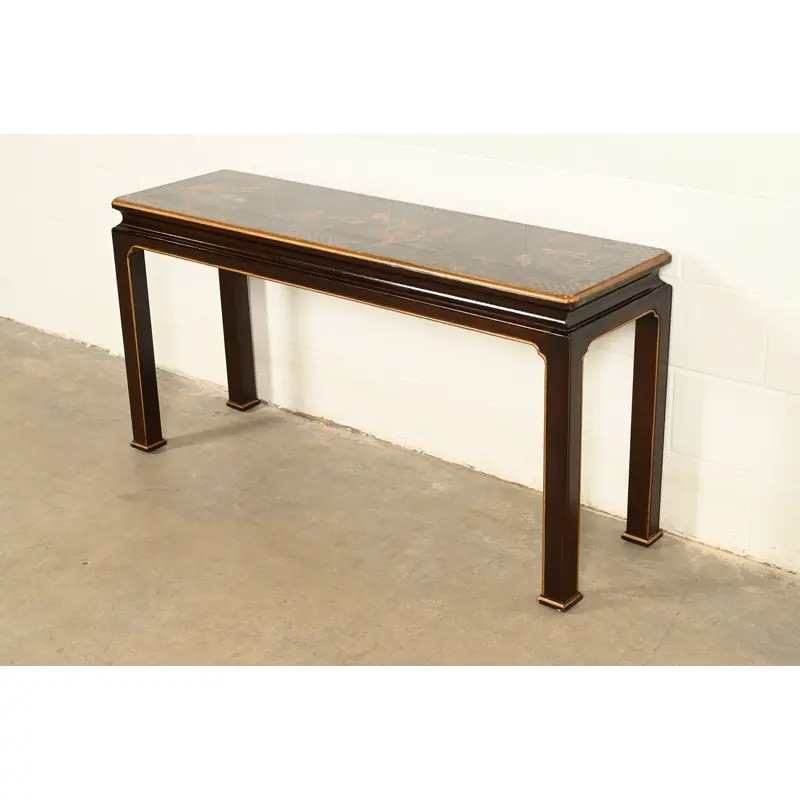 Henredon Hollywood Regency Chinoiserie Mahogany Hand-Painted Console Table With Bird Motif | Circa 1980s - Image 6