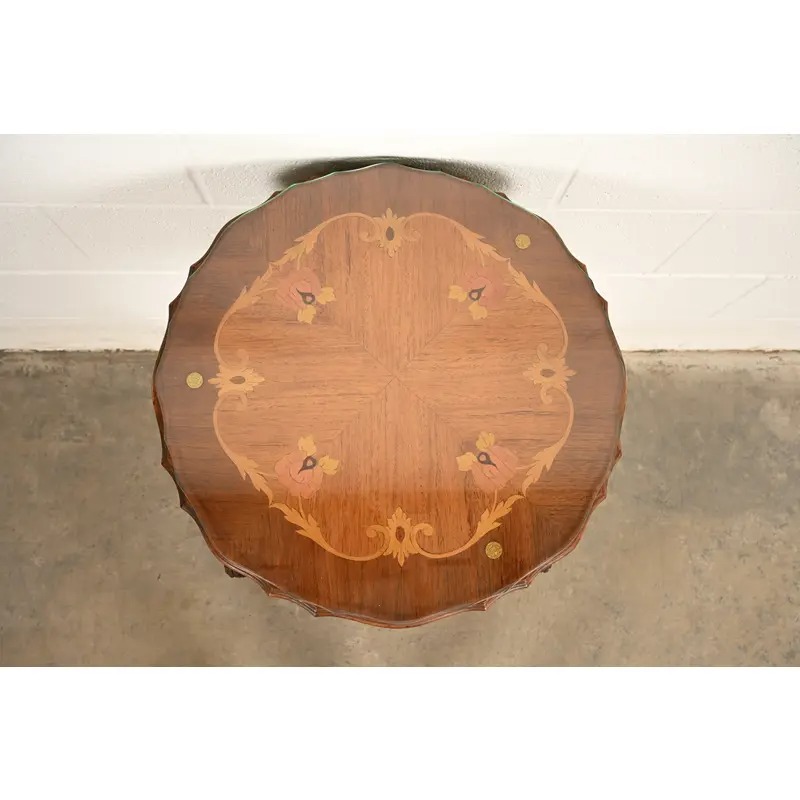 Romweber Style French Provincial Louis XV Carved Walnut and Satinwood Inlaid Marquetry Side Table, Circa 1930s - Image 6