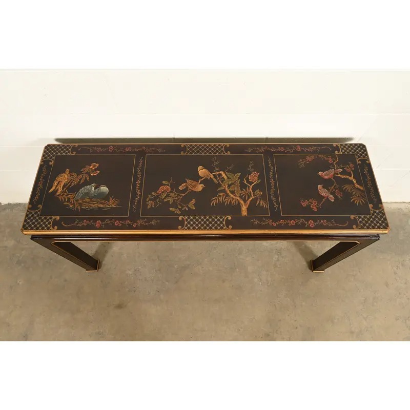 Henredon Hollywood Regency Chinoiserie Mahogany Hand-Painted Console Table With Bird Motif | Circa 1980s - Image 7