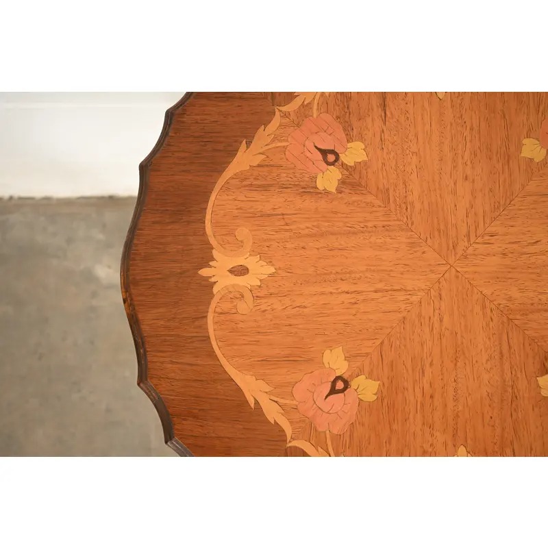 Romweber Style French Provincial Louis XV Carved Walnut and Satinwood Inlaid Marquetry Side Table, Circa 1930s - Image 7